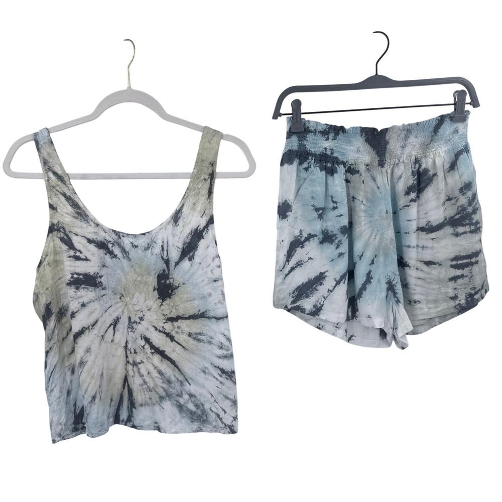 Volcom Womens Small Blue Tie Dye Tank Top and Smocked Shorts Two Piece Set Modal